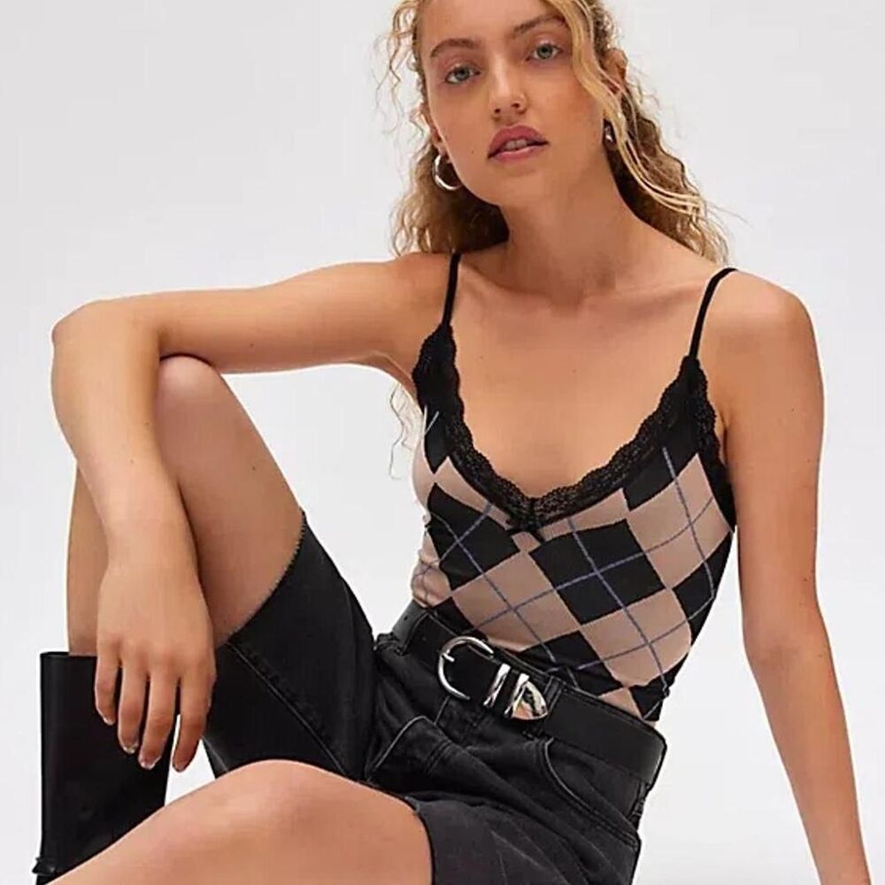 Out From Under Argyle Lace-Trim Cami Tank Top Beige Black XS S Collegiate UO Y2K